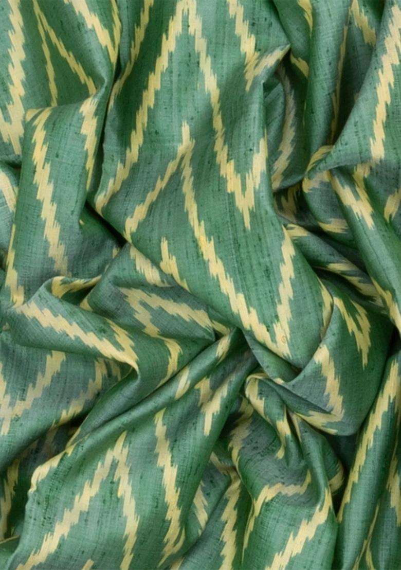Aquamarine Handloom Ikat Dupion Silk Saree With Chevron Motifs Aquamarine With Printed Design For Women - Indya