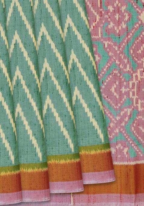 Aquamarine Handloom Ikat Dupion Silk Saree With Chevron Motifs Aquamarine With Printed Design For Women