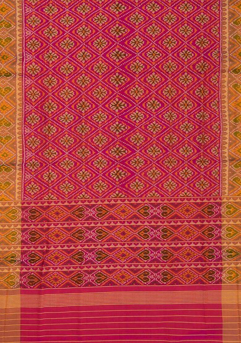 Pink Handloom Ikat Silk Saree With Diamond Floral Motifs Pink With Printed Design For Women - Indya