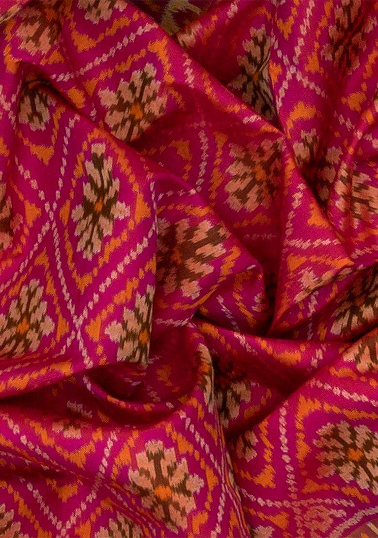 Pink Handloom Ikat Silk Saree With Diamond Floral Motifs Pink With Printed Design For Women - Indya