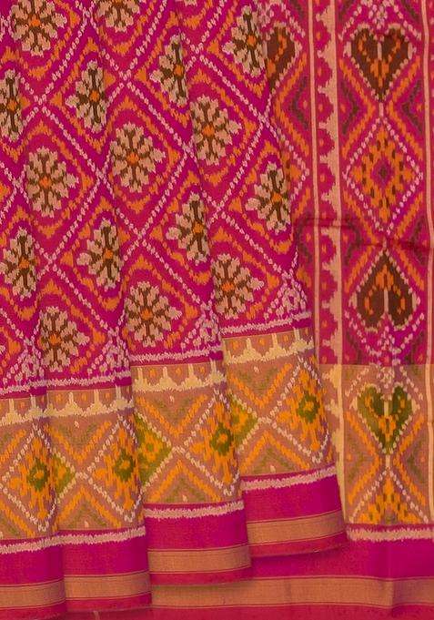 Pink Handloom Ikat Silk Saree With Diamond Floral Motifs Pink With Printed Design For Women