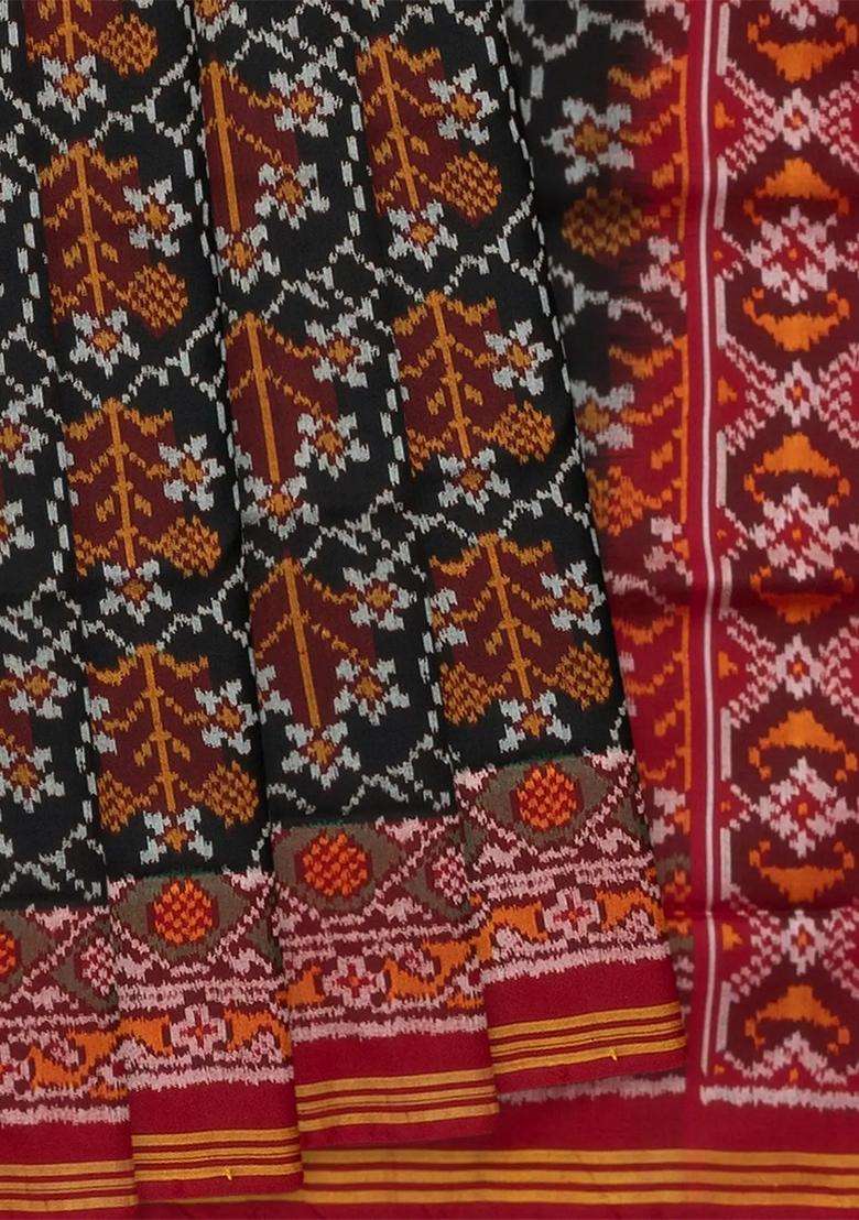 Black Handloom Double Ikat Silk Saree With Geometric Floral Motifs Crimson Border Black With Buttas And Brocade Design For Women - Indya