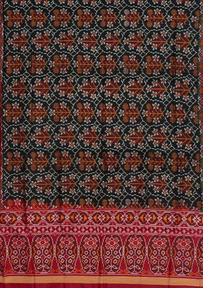 Black Handloom Double Ikat Silk Saree With Geometric Floral Motifs Crimson Border Black With Buttas And Brocade Design For Women - Indya