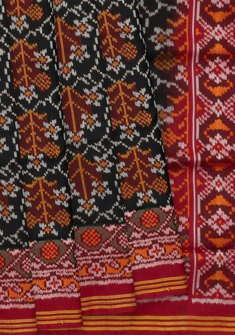 Black Handloom Double Ikat Silk Saree With Geometric Floral Motifs Crimson Border Black With Buttas And Brocade Design For Women