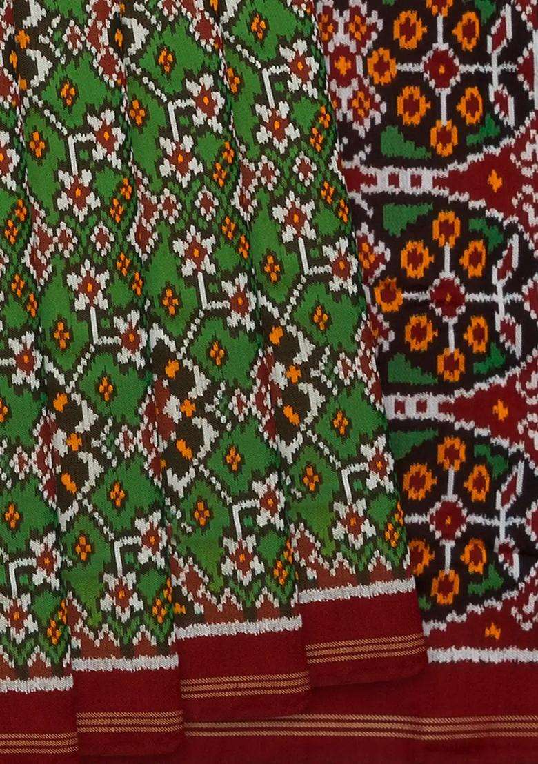Green Handloom Double Ikat Silk Saree With Floral Vine Motifs Green With Buttas And Brocade Design For Women - Indya