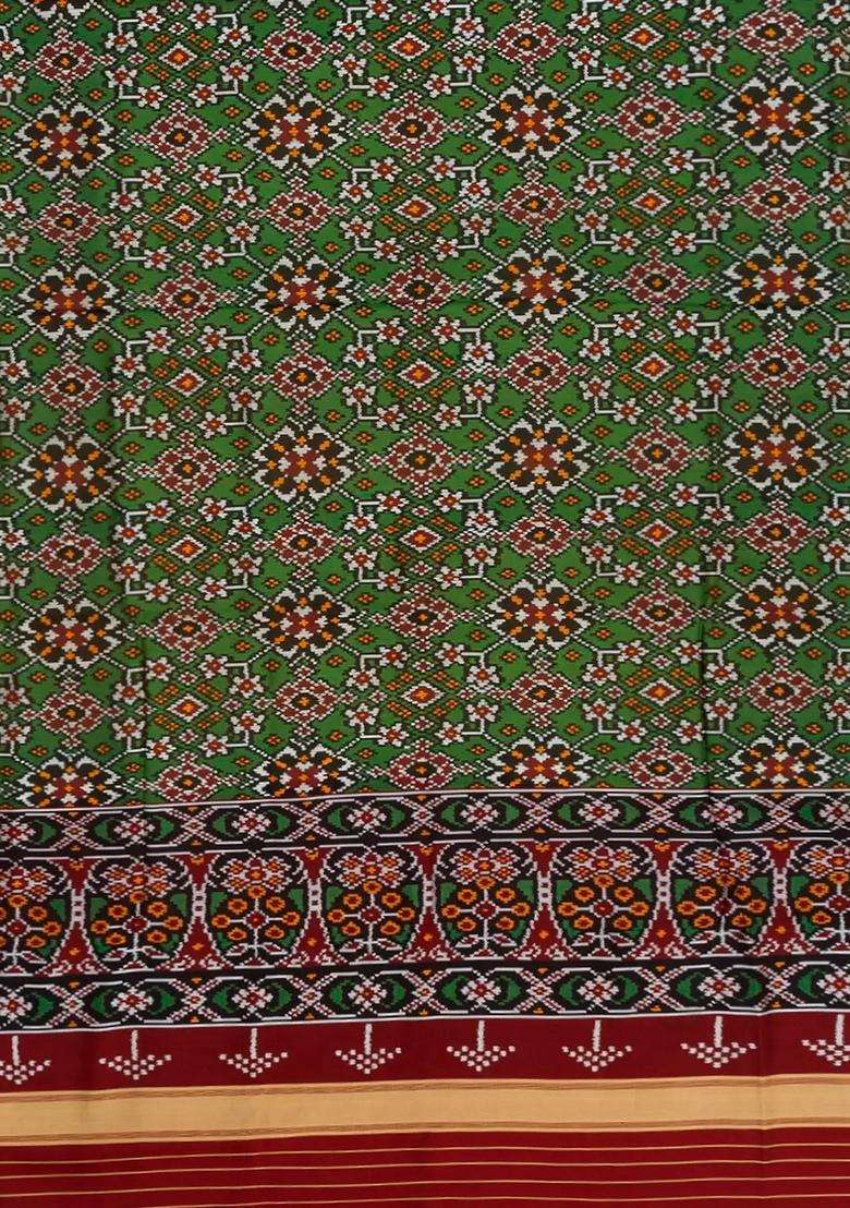 Green Handloom Double Ikat Silk Saree With Floral Vine Motifs Green With Buttas And Brocade Design For Women - Indya