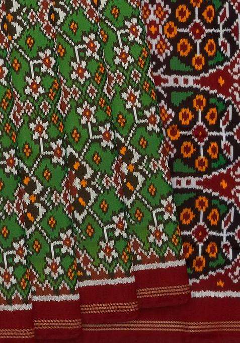 Green Handloom Double Ikat Silk Saree With Floral Vine Motifs Green With Buttas And Brocade Design For Women