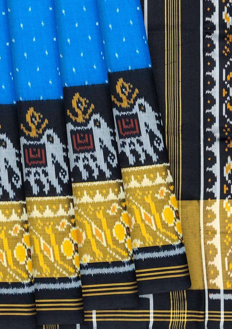 Blue Handloom Patola Single Ikat Silk Saree With Elephant Motifs Blue With Buttas And Brocade Design For Women - Indya