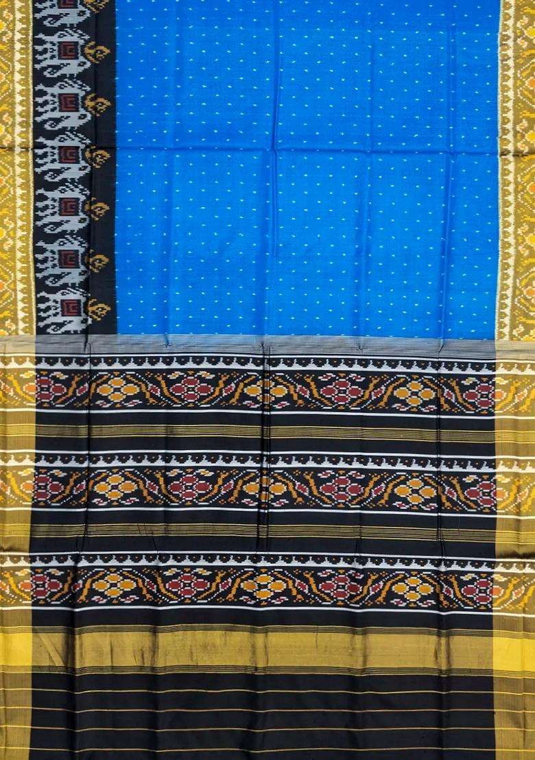 Blue Handloom Patola Single Ikat Silk Saree With Elephant Motifs Blue With Buttas And Brocade Design For Women - Indya