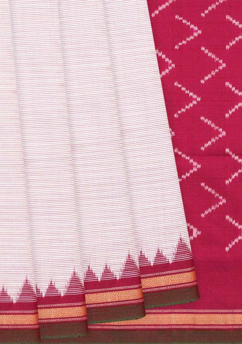 Off White Handloom Pochampally Single Ikat Silk Saree With Stripes Off White With Checks And Stripes Design For Women - Indya