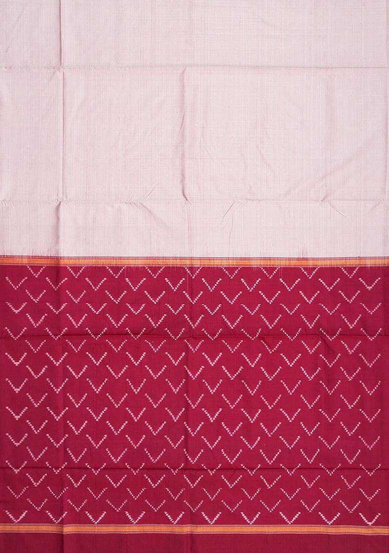 Off White Handloom Pochampally Single Ikat Silk Saree With Stripes Off White With Checks And Stripes Design For Women - Indya