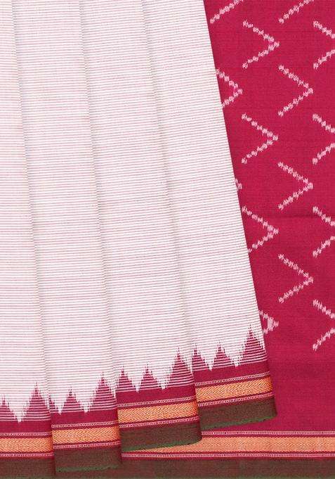 Off White Handloom Pochampally Single Ikat Silk Saree With Stripes Off White With Checks And Stripes Design For Women