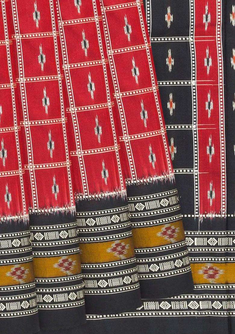 Crimson Handloom Pochampally Ikat Pure Silk Saree With Checks Crimson With Checks And Stripes Design For Women - Indya