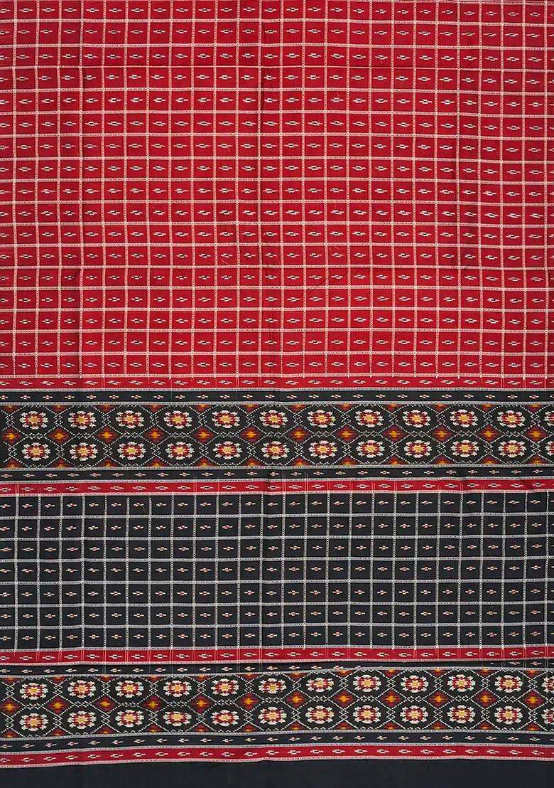 Crimson Handloom Pochampally Ikat Pure Silk Saree With Checks Crimson With Checks And Stripes Design For Women - Indya