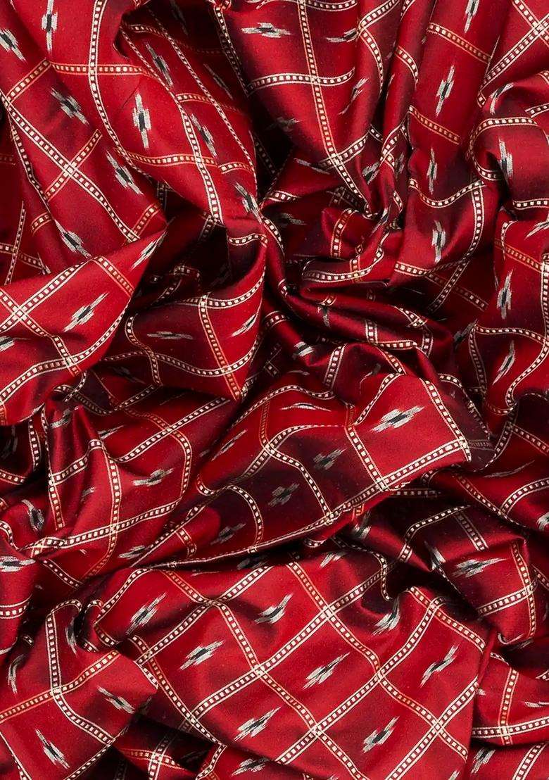 Crimson Handloom Pochampally Ikat Pure Silk Saree With Checks Crimson With Checks And Stripes Design For Women - Indya
