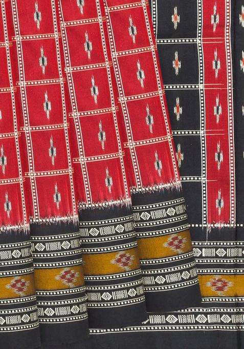 Crimson Handloom Pochampally Ikat Pure Silk Saree With Checks Crimson With Checks And Stripes Design For Women