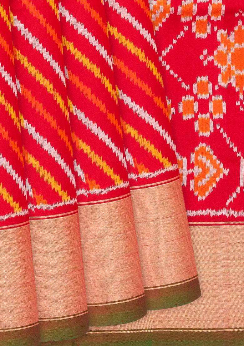 Red Handloom Pochampally Ikat Pure Silk Saree With Stripes Red With Buttas And Brocade Design For Women - Indya