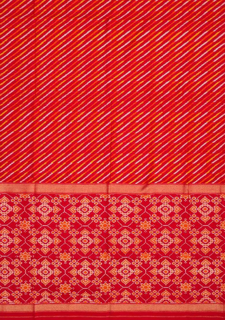 Red Handloom Pochampally Ikat Pure Silk Saree With Stripes Red With Buttas And Brocade Design For Women - Indya