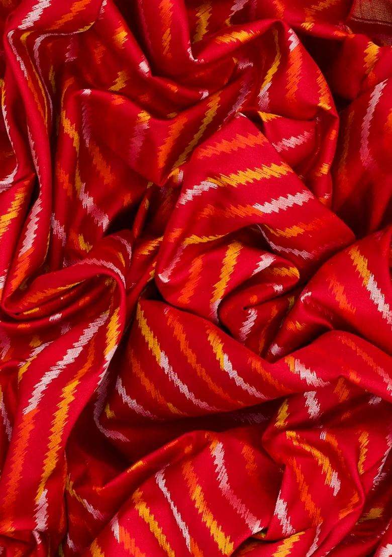 Red Handloom Pochampally Ikat Pure Silk Saree With Stripes Red With Buttas And Brocade Design For Women - Indya