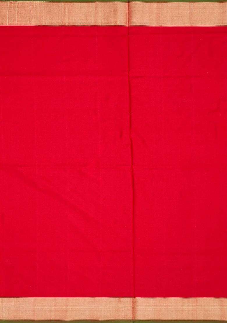 Red Handloom Pochampally Ikat Pure Silk Saree With Stripes Red With Buttas And Brocade Design For Women - Indya
