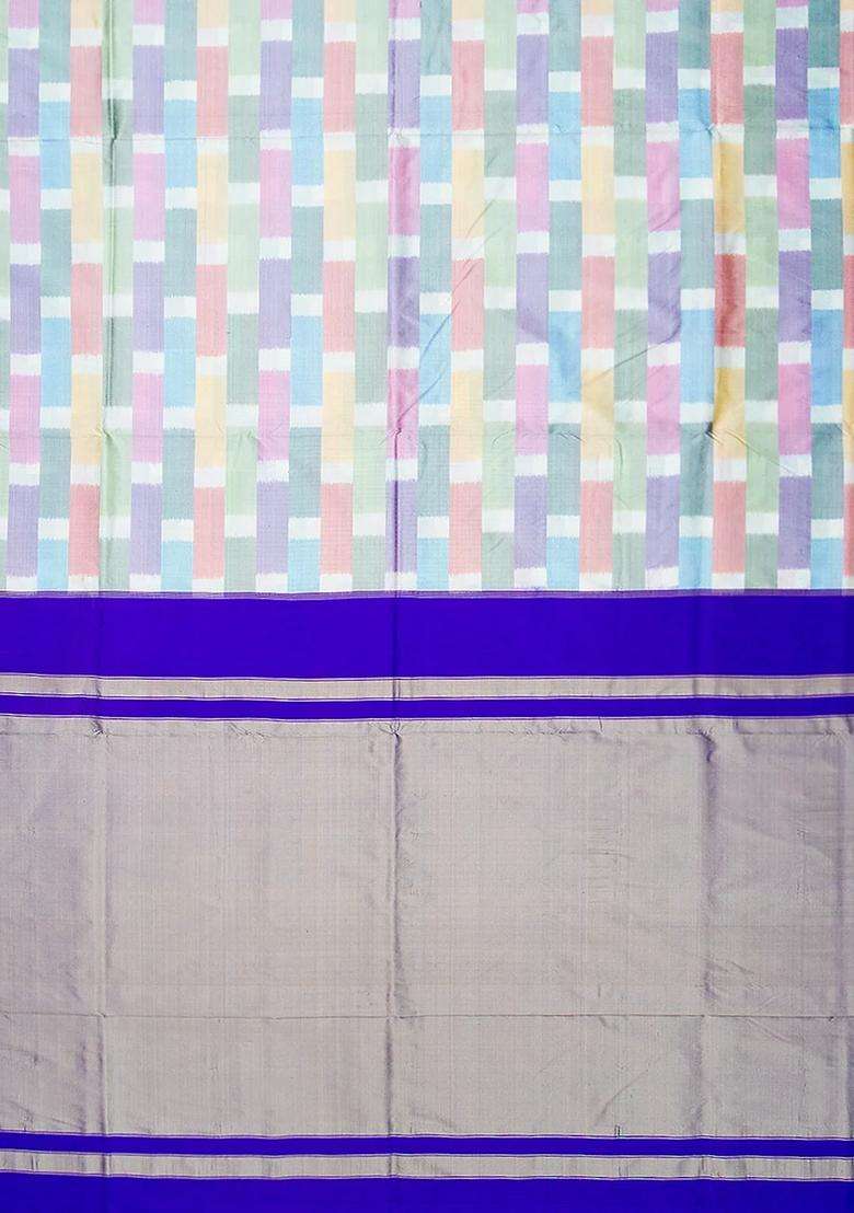 Multi Colour Handloom Pochampally Ikat Pure Silk Saree With Blue Border Multi Colour With Checks And Stripes Design For Women - Indya