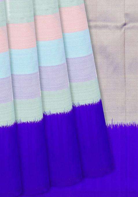 Multi Colour Handloom Pochampally Ikat Pure Silk Saree With Blue Border Multi Colour With Checks And Stripes Design For Women
