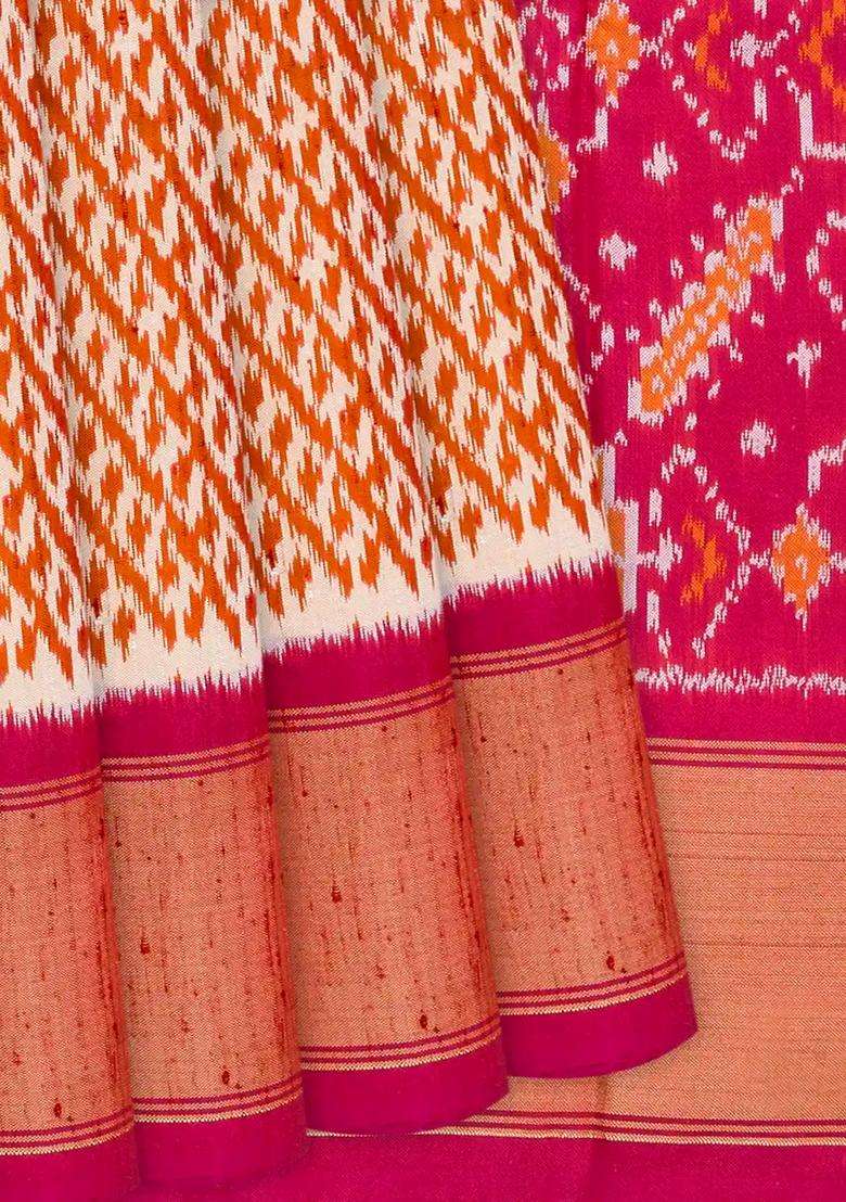 Orange Handloom Pochampally Ikat Pure Silk Saree With Stripes Orange With Buttas And Brocade Design For Women - Indya
