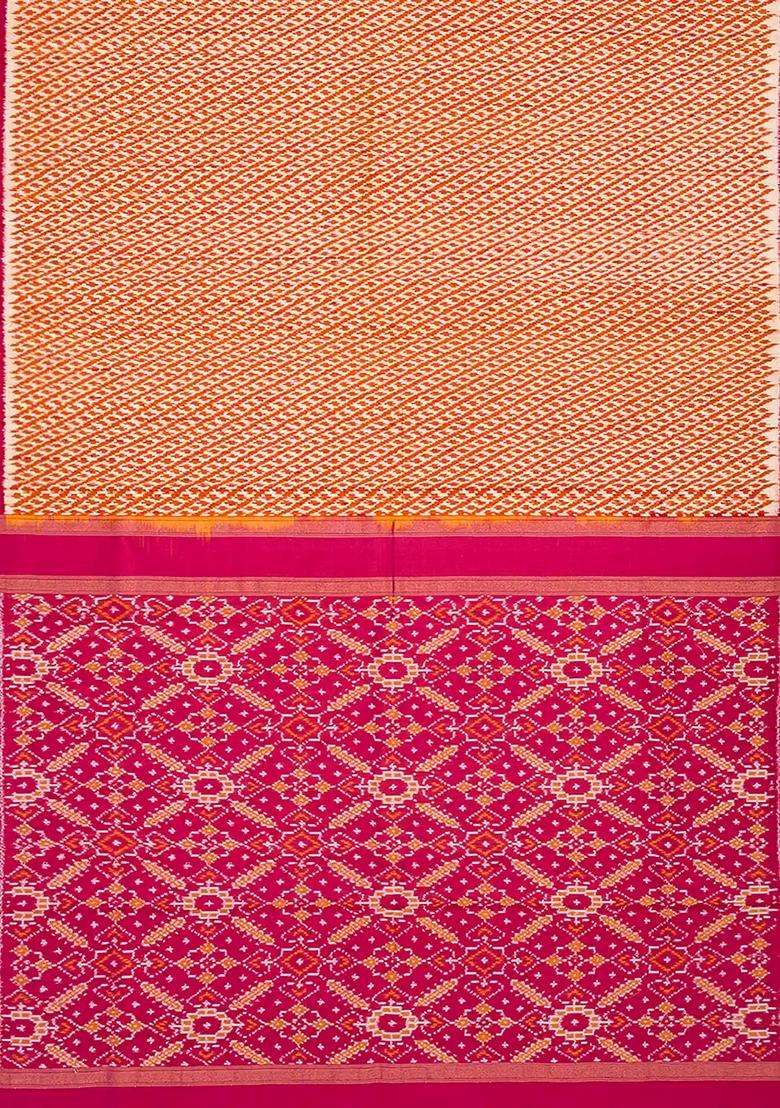 Orange Handloom Pochampally Ikat Pure Silk Saree With Stripes Orange With Buttas And Brocade Design For Women - Indya
