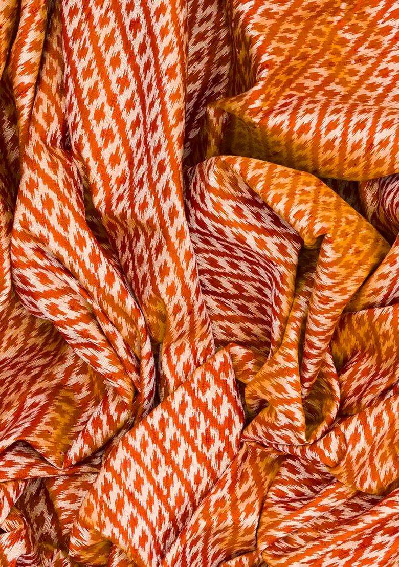 Orange Handloom Pochampally Ikat Pure Silk Saree With Stripes Orange With Buttas And Brocade Design For Women - Indya
