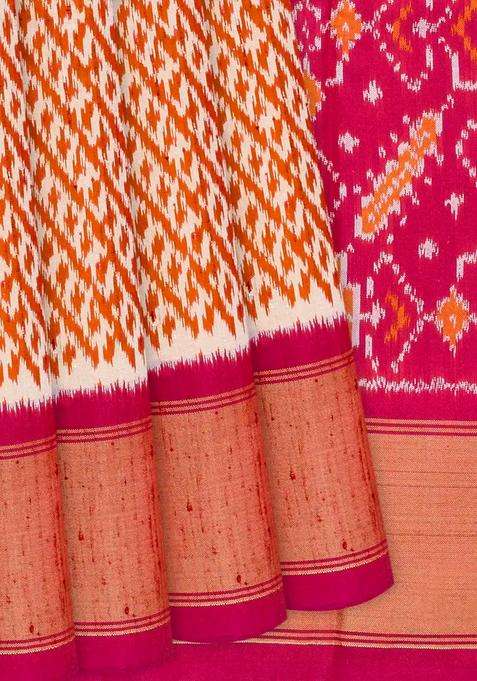 Orange Handloom Pochampally Ikat Pure Silk Saree With Stripes Orange With Buttas And Brocade Design For Women