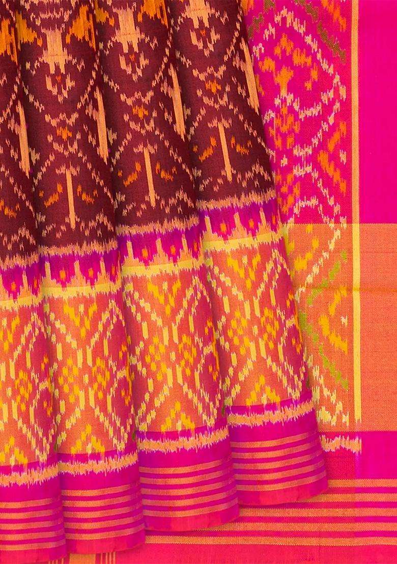 Maroon Handloom Rajkot Patola Silk Saree With Bird Motifs Maroon With Buttas And Brocade Design For Women - Indya