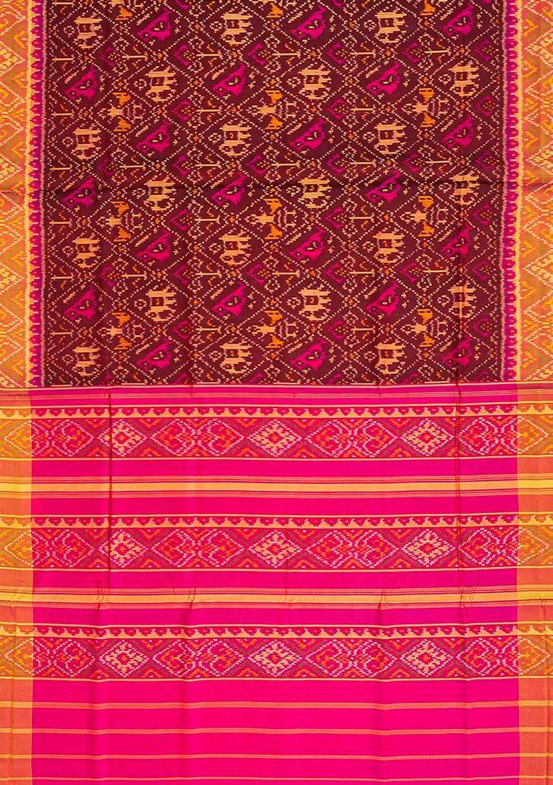 Maroon Handloom Rajkot Patola Silk Saree With Bird Motifs Maroon With Buttas And Brocade Design For Women - Indya