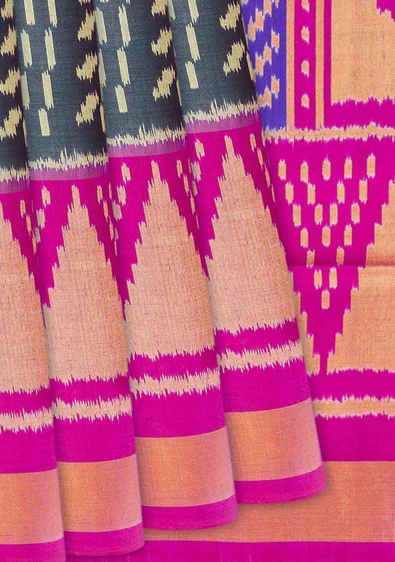 Dark Grey Handloom Rajkot Patola Silk Saree With Floral Motifs Dark Grey With Buttas And Brocade Design For Women - Indya