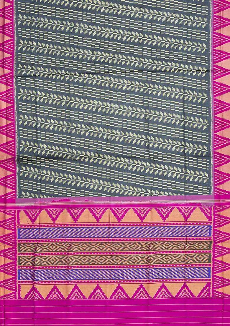 Dark Grey Handloom Rajkot Patola Silk Saree With Floral Motifs Dark Grey With Buttas And Brocade Design For Women - Indya