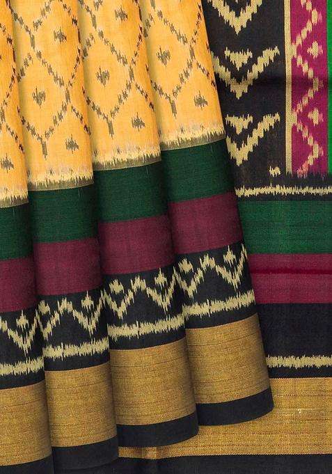 Sandal Handloom Rajkot Patola Silk Saree With Jaal Motifs Sandal With Buttas And Brocade Design For Women
