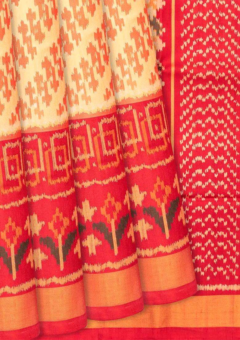 Cream Handloom Rajkot Patola Silk Saree With Floral Motifs Cream With Buttas And Brocade Design For Women - Indya