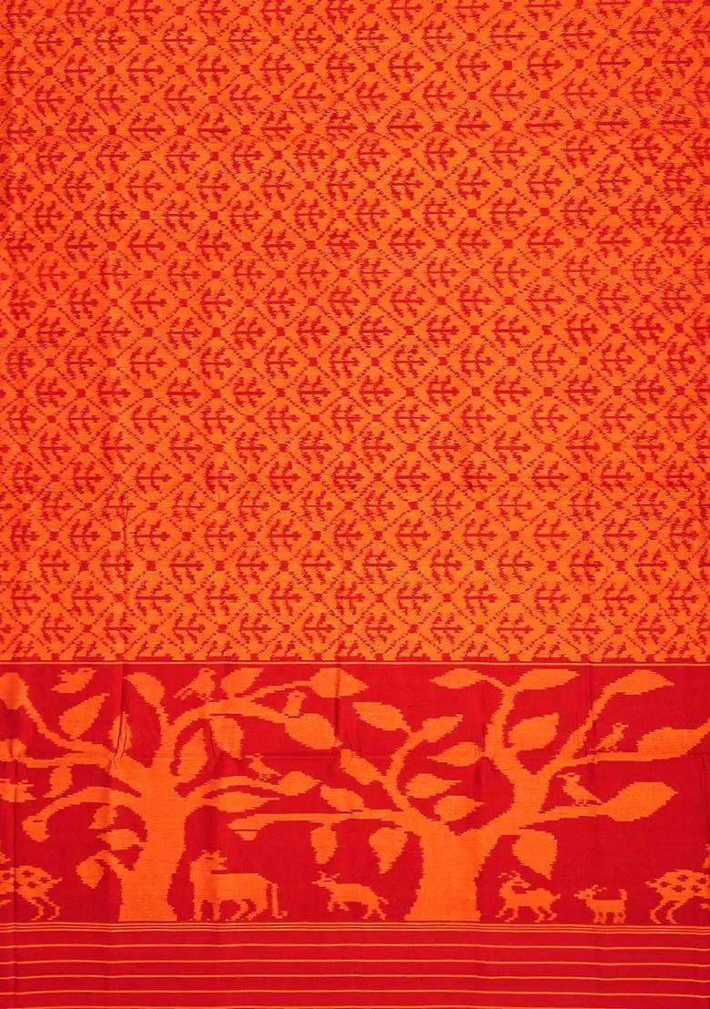 Orange Handloom Rajkot Patola Silk Saree With Floral Jaal Motifs Orange With Buttas And Brocade Design For Women - Indya