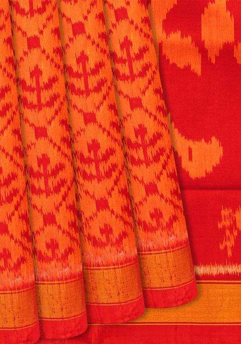 Orange Handloom Rajkot Patola Silk Saree With Floral Jaal Motifs Orange With Buttas And Brocade Design For Women