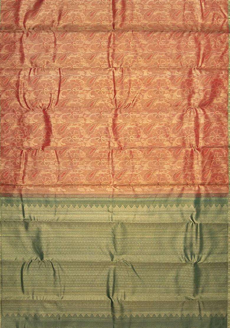 Peach Handwoven Kanchipuram Tissue Lino Korvai Silk Sari With Contrast Green Pallu Saree With Korvai And Temple Border Design For Women - Indya