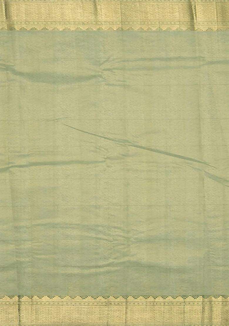 Peach Handwoven Kanchipuram Tissue Lino Korvai Silk Sari With Contrast Green Pallu Saree With Korvai And Temple Border Design For Women - Indya