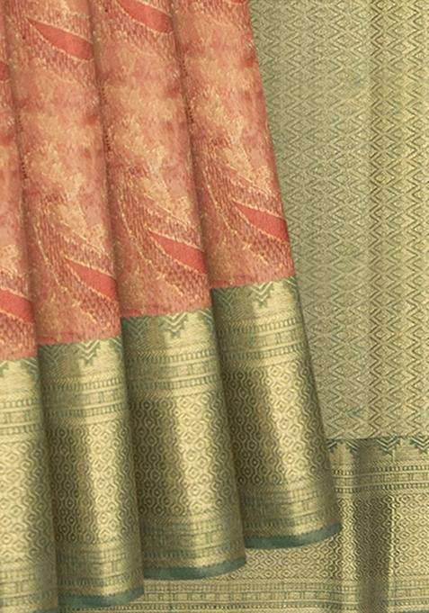 Peach Handwoven Kanchipuram Tissue Lino Korvai Silk Sari With Contrast Green Pallu Saree With Korvai And Temple Border Design For Women