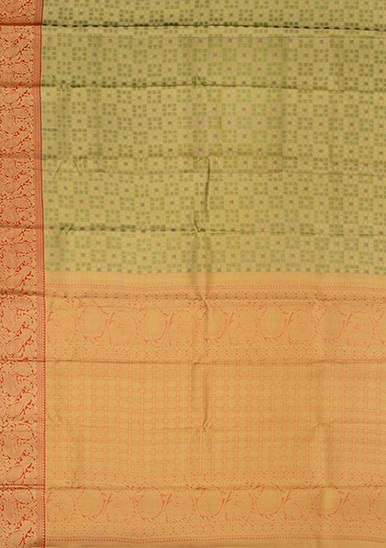 Mint Green Handwoven Kanchipuram Korvai Tissue Silk Saree With Checks Annam Peacock Motifs In Red With Korvai And Temple Border Design For Women - Indya