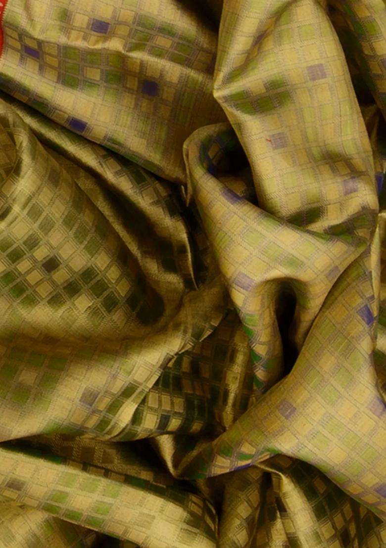 Mint Green Handwoven Kanchipuram Korvai Tissue Silk Saree With Checks Annam Peacock Motifs In Red With Korvai And Temple Border Design For Women - Indya