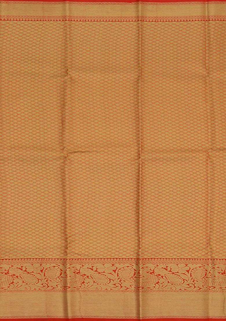 Mint Green Handwoven Kanchipuram Korvai Tissue Silk Saree With Checks Annam Peacock Motifs In Red With Korvai And Temple Border Design For Women - Indya