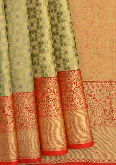 Mint Green Handwoven Kanchipuram Korvai Tissue Silk Saree With Checks Annam Peacock Motifs In Red With Korvai And Temple Border Design For Women
