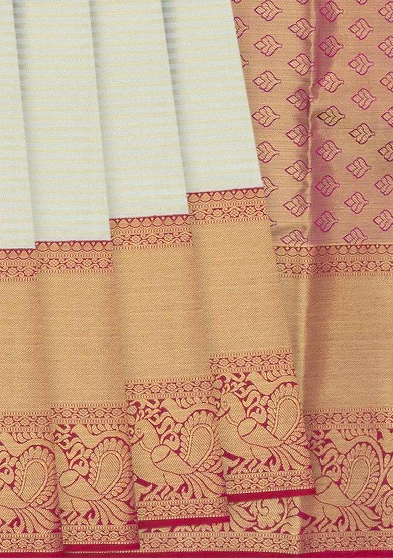 Off White Handloom Kanchipuram Korvai Silk Saree With Stripes Annam Motifs In Border Off White With Korvai And Temple Border Design For Women - Indya