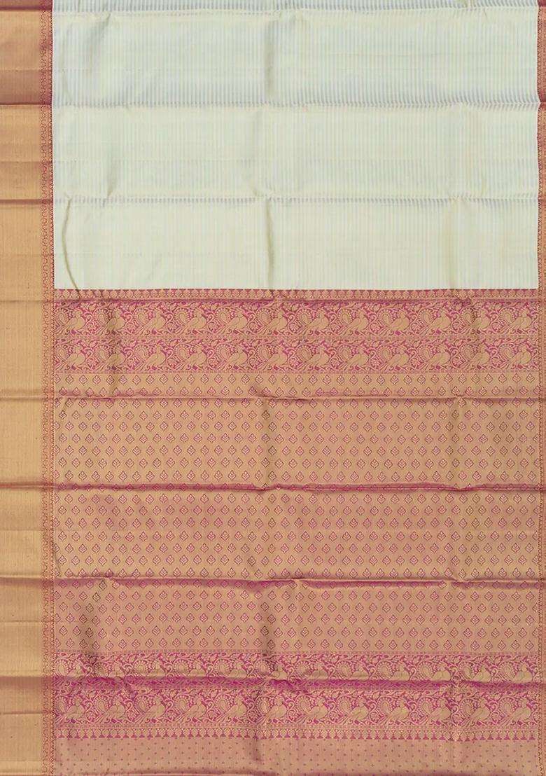 Off White Handloom Kanchipuram Korvai Silk Saree With Stripes Annam Motifs In Border Off White With Korvai And Temple Border Design For Women - Indya