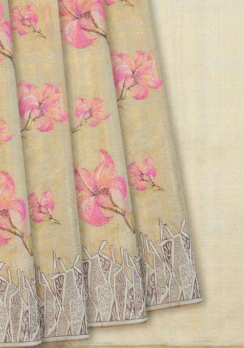 Cream Handloom Kanchipuram Tissue Silk Saree With Floral Motifs Cream With Buttas And Brocade Design For Women