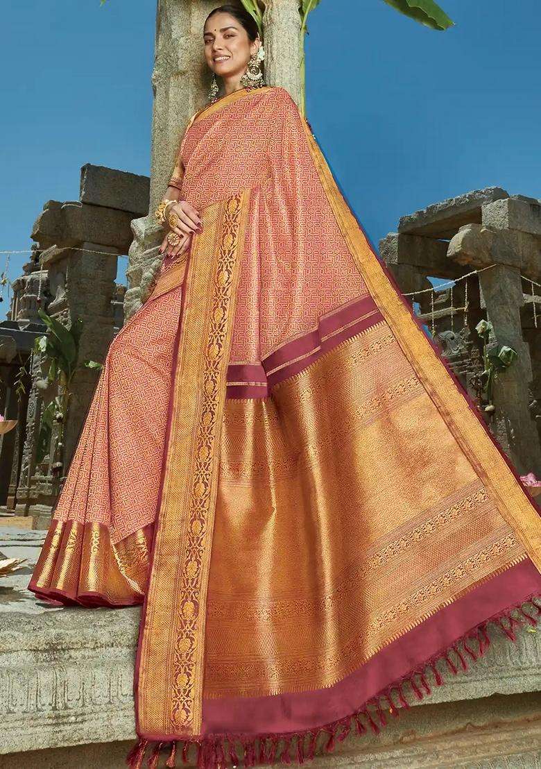 Pink Handloom Natural Dyed Swastik Kamalam Motif Kanchipuram Tissue Silk Saree With Buttas And Brocade Design For Women - Indya