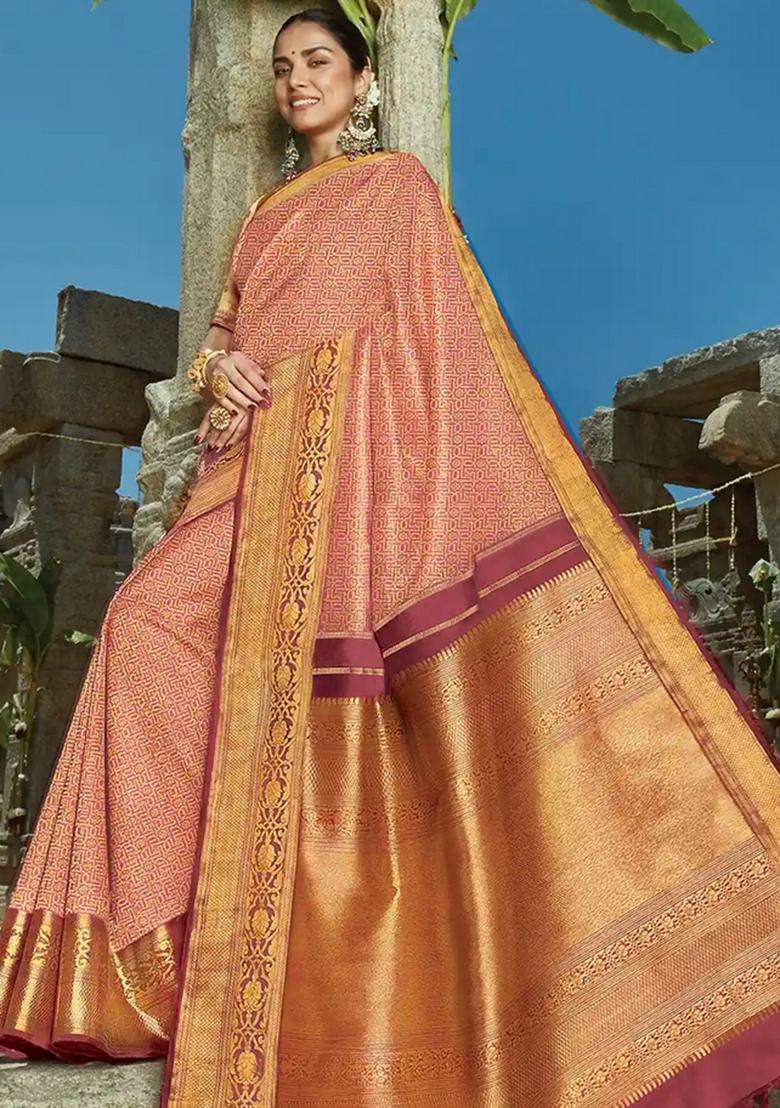 Pink Handloom Natural Dyed Swastik Kamalam Motif Kanchipuram Tissue Silk Saree With Buttas And Brocade Design For Women - Indya